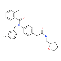 ChemSpider 2D Image | N-(3-Fluorobenzyl)-2-methyl-N-(4-{2-oxo-2-[(tetrahydro-2-furanylmethyl)amino]ethyl}phenyl)benzamide | C28H29FN2O3