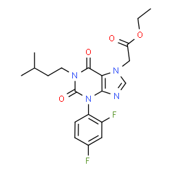 ChemSpider 2D Image | Ethyl [3-(2,4-difluorophenyl)-1-(3-methylbutyl)-2,6-dioxo-1,2,3,6-tetrahydro-7H-purin-7-yl]acetate | C20H22F2N4O4