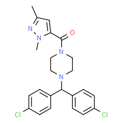ChemSpider 2D Image | {4-[Bis(4-chlorophenyl)methyl]-1-piperazinyl}(1,3-dimethyl-1H-pyrazol-5-yl)methanone | C23H24Cl2N4O