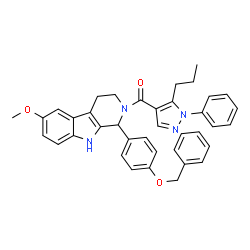 ChemSpider 2D Image | {1-[4-(Benzyloxy)phenyl]-6-methoxy-1,3,4,9-tetrahydro-2H-beta-carbolin-2-yl}(1-phenyl-5-propyl-1H-pyrazol-4-yl)methanone | C38H36N4O3