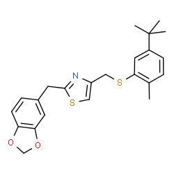 ChemSpider 2D Image | 2-(1,3-Benzodioxol-5-ylmethyl)-4-({[2-methyl-5-(2-methyl-2-propanyl)phenyl]sulfanyl}methyl)-1,3-thiazole | C23H25NO2S2
