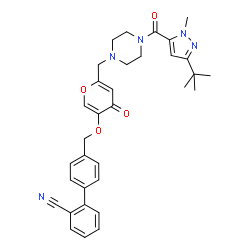 ChemSpider 2D Image | 4'-[({6-[(4-{[1-Methyl-3-(2-methyl-2-propanyl)-1H-pyrazol-5-yl]carbonyl}-1-piperazinyl)methyl]-4-oxo-4H-pyran-3-yl}oxy)methyl]-2-biphenylcarbonitrile | C33H35N5O4