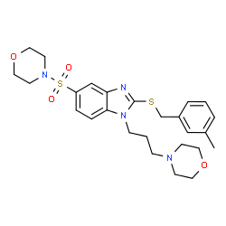 ChemSpider 2D Image | 2-[(3-Methylbenzyl)sulfanyl]-1-[3-(4-morpholinyl)propyl]-5-(4-morpholinylsulfonyl)-1H-benzimidazole | C26H34N4O4S2