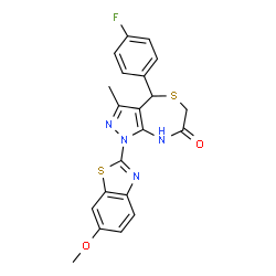 ChemSpider 2D Image | 4-(4-Fluorophenyl)-1-(6-methoxy-1,3-benzothiazol-2-yl)-3-methyl-4,8-dihydro-1H-pyrazolo[3,4-e][1,4]thiazepin-7(6H)-one | C21H17FN4O2S2
