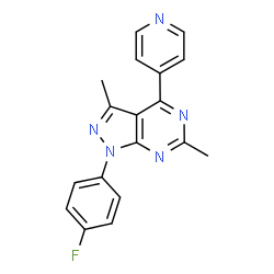 ChemSpider 2D Image | 1-(4-Fluorophenyl)-3,6-dimethyl-4-(4-pyridinyl)-1H-pyrazolo[3,4-d]pyrimidine | C18H14FN5