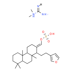 ChemSpider 2D Image | carbamimidoyl-dimethyl-ammonium; [(E)-[1-[2-(3-furyl)ethyl]-4b,8,8,10a-tetramethyl-1,3,4,4a,5,6,7,8a,9,10-decahydrophenanthren-2-ylidene]methyl] hydrogen sulfate | C28H48N3O5S