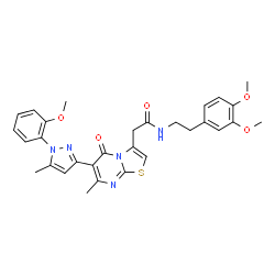 ChemSpider 2D Image | N-[2-(3,4-Dimethoxyphenyl)ethyl]-2-{6-[1-(2-methoxyphenyl)-5-methyl-1H-pyrazol-3-yl]-7-methyl-5-oxo-5H-[1,3]thiazolo[3,2-a]pyrimidin-3-yl}acetamide | C30H31N5O5S