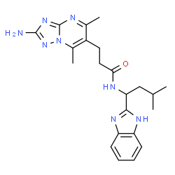 ChemSpider 2D Image | 3-(2-Amino-5,7-dimethyl[1,2,4]triazolo[1,5-a]pyrimidin-6-yl)-N-[1-(1H-benzimidazol-2-yl)-3-methylbutyl]propanamide | C22H28N8O