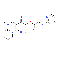 ChemSpider 2D Image | 2-(6-Amino-1-isobutyl-3-methyl-2,4-dioxo-1,2,3,4-tetrahydro-5-pyrimidinyl)-2-oxoethyl N-methyl-N-2-pyrimidinylglycinate | C18H24N6O5