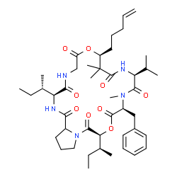 ChemSpider 2D Image | (3S,9S,13S,16S,19S)-16-Benzyl-3,19-di[(2S)-2-butanyl]-13-isopropyl-10,10,15-trimethyl-9-(4-penten-1-yl)dodecahydro-1H,9H-pyrrolo[2,1-i][1,13,4,7,10,16,19]dioxapentaazacyclodocosine-1,4,7,11,14,17,20(1
0H,19H)-heptone | C44H67N5O9