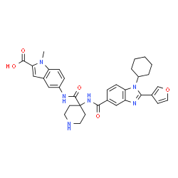 ChemSpider 2D Image | 5-({[4-({[1-Cyclohexyl-2-(3-furyl)-1H-benzimidazol-5-yl]carbonyl}amino)-4-piperidinyl]carbonyl}amino)-1-methyl-1H-indole-2-carboxylic acid | C34H36N6O5