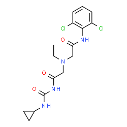 ChemSpider 2D Image | 2-[{2-[(Cyclopropylcarbamoyl)amino]-2-oxoethyl}(ethyl)amino]-N-(2,6-dichlorophenyl)acetamide | C16H20Cl2N4O3