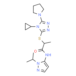 ChemSpider 2D Image | 2-{[4-Cyclopropyl-5-(1-pyrrolidinyl)-4H-1,2,4-triazol-3-yl]sulfanyl}-N-(1-isopropyl-1H-pyrazol-5-yl)propanamide | C18H27N7OS