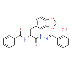 ChemSpider 2D Image | N-{(1E)-1-(1,3-Benzodioxol-5-yl)-3-[(2E)-2-(5-chloro-2-hydroxybenzylidene)hydrazino]-3-oxo-1-propen-2-yl}benzamide | C24H18ClN3O5