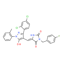 ChemSpider 2D Image | (5Z)-5-{[3-(2,4-Dichlorophenyl)-5-hydroxy-1-(2-methylphenyl)-1H-pyrazol-4-yl]methylene}-3-(4-fluorobenzyl)-2,4-imidazolidinedione | C27H19Cl2FN4O3