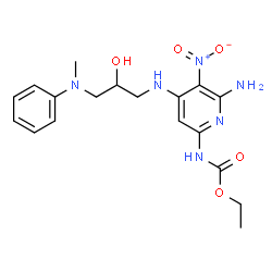 ChemSpider 2D Image | Ethyl [6-amino-4-({2-hydroxy-3-[methyl(phenyl)amino]propyl}amino)-5-nitro-2-pyridinyl]carbamate | C18H24N6O5