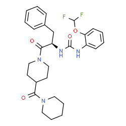 ChemSpider 2D Image | 1-[2-(Difluoromethoxy)phenyl]-3-{(2R)-1-oxo-3-phenyl-1-[4-(1-piperidinylcarbonyl)-1-piperidinyl]-2-propanyl}urea | C28H34F2N4O4