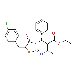 ChemSpider 2D Image | Ethyl (2E,5R)-2-(4-chlorobenzylidene)-7-methyl-3-oxo-5-phenyl-2,3-dihydro-5H-[1,3]thiazolo[3,2-a]pyrimidine-6-carboxylate | C23H19ClN2O3S