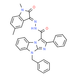 ChemSpider 2D Image | 9-Benzyl-N'-[(3E)-1,5-dimethyl-2-oxo-1,2-dihydro-3H-indol-3-ylidene]-2-phenyl-9H-imidazo[1,2-a]benzimidazole-3-carbohydrazide | C33H26N6O2