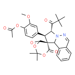 ChemSpider 2D Image | 4-[(2'R,3'R)-3'-(2,2-Dimethylpropanoyl)-2,2-dimethyl-4,6-dioxo-2',3'-dihydro-10b'H-spiro[1,3-dioxane-5,1'-pyrrolo[2,1-a]phthalazin]-2'-yl]-2-methoxyphenyl acetate | C30H32N2O8