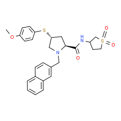 ChemSpider 2D Image | (4R)-N-(1,1-Dioxidotetrahydro-3-thiophenyl)-4-[(4-methoxyphenyl)sulfanyl]-1-(2-naphthylmethyl)-L-prolinamide | C27H30N2O4S2