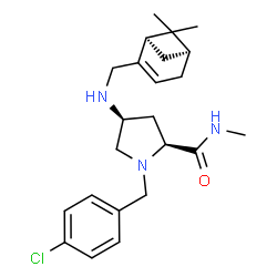 ChemSpider 2D Image | (4S)-1-(4-Chlorobenzyl)-4-({[(1R,5S)-6,6-dimethylbicyclo[3.1.1]hept-2-en-2-yl]methyl}amino)-N-methyl-L-prolinamide | C23H32ClN3O