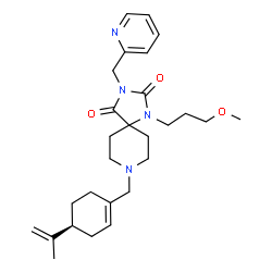 ChemSpider 2D Image | 8-{[(4S)-4-Isopropenyl-1-cyclohexen-1-yl]methyl}-1-(3-methoxypropyl)-3-(2-pyridinylmethyl)-1,3,8-triazaspiro[4.5]decane-2,4-dione | C27H38N4O3