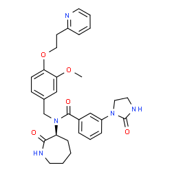 ChemSpider 2D Image | N-{3-Methoxy-4-[2-(2-pyridinyl)ethoxy]benzyl}-N-[(3S)-2-oxo-3-azepanyl]-3-(2-oxo-1-imidazolidinyl)benzamide | C31H35N5O5