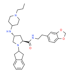 ChemSpider 2D Image | (4R)-N-[2-(1,3-Benzodioxol-5-yl)ethyl]-1-(2,3-dihydro-1H-inden-2-yl)-4-[(1-propyl-4-piperidinyl)amino]-L-prolinamide | C31H42N4O3