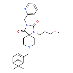 ChemSpider 2D Image | 8-{[(1R,5S)-6,6-Dimethylbicyclo[3.1.1]hept-2-en-2-yl]methyl}-1-(3-methoxypropyl)-3-(2-pyridinylmethyl)-1,3,8-triazaspiro[4.5]decane-2,4-dione | C27H38N4O3