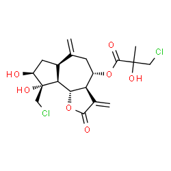 ChemSpider 2D Image | (3aR,4S,6aR,8S,9S,9aS,9bS)-9-(Chloromethyl)-8,9-dihydroxy-3,6-bis(methylene)-2-oxododecahydroazuleno[4,5-b]furan-4-yl 3-chloro-2-hydroxy-2-methylpropanoate | C19H24Cl2O7