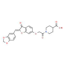 ChemSpider 2D Image | 1-({[(2Z)-2-(1,3-Benzodioxol-5-ylmethylene)-3-oxo-2,3-dihydro-1-benzofuran-6-yl]oxy}acetyl)-4-piperidinecarboxylic acid | C24H21NO8