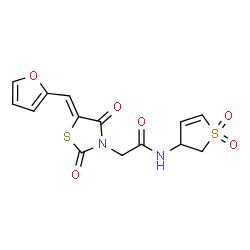 ChemSpider 2D Image | N-(1,1-Dioxido-2,3-dihydro-3-thiophenyl)-2-[(5Z)-5-(2-furylmethylene)-2,4-dioxo-1,3-thiazolidin-3-yl]acetamide | C14H12N2O6S2
