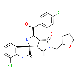ChemSpider 2D Image | (3S,3'R,3a'R,6a'S)-7-Chloro-3'-[(R)-(4-chlorophenyl)(hydroxy)methyl]-5'-(tetrahydro-2-furanylmethyl)-3a',6a'-dihydro-2'H-spiro[indole-3,1'-pyrrolo[3,4-c]pyrrole]-2,4',6'(1H,3'H,5'H)-trione | C25H23Cl2N3O5