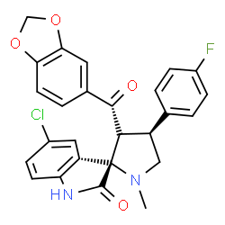 ChemSpider 2D Image | (3'S,4'S)-3'-(1,3-Benzodioxol-5-ylcarbonyl)-5-chloro-4'-(4-fluorophenyl)-1'-methylspiro[indole-3,2'-pyrrolidin]-2(1H)-one | C26H20ClFN2O4