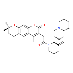 ChemSpider 2D Image | 3-{2-[(2S,10R)-3,15-Diazatetracyclo[7.7.1.0~2,7~.0~10,15~]heptadec-7-en-3-yl]-2-oxoethyl}-4,8,8-trimethyl-7,8-dihydro-2H,6H-pyrano[3,2-g]chromen-2-one | C32H40N2O4