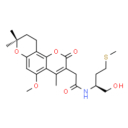 ChemSpider 2D Image | N-[(2S)-1-Hydroxy-4-(methylsulfanyl)-2-butanyl]-2-(5-methoxy-4,8,8-trimethyl-2-oxo-9,10-dihydro-2H,8H-pyrano[2,3-f]chromen-3-yl)acetamide | C23H31NO6S