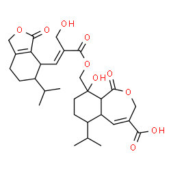 ChemSpider 2D Image | 9-Hydroxy-9-({[(2E)-2-(hydroxymethyl)-3-(5-isopropyl-3-oxo-1,3,4,5,6,7-hexahydro-2-benzofuran-4-yl)-2-propenoyl]oxy}methyl)-6-isopropyl-1-oxo-1,3,5a,6,7,8,9,9a-octahydro-2-benzoxepine-4-carboxylic aci
d | C30H40O10