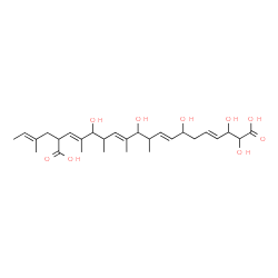 ChemSpider 2D Image | (3E,7E,11E,15E)-5,9,13,17,18-Pentahydroxy-4,6,8,10-tetramethyl-2-[(2E)-2-methyl-2-buten-1-yl]-3,7,11,15-nonadecatetraenedioic acid | C28H44O9