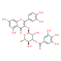 ChemSpider 2D Image | 2-(3,4-Dihydroxyphenyl)-5,7-dihydroxy-4-oxo-4H-chromen-3-yl 6-deoxy-3-O-(3,4,5-trihydroxybenzoyl)-alpha-L-mannopyranoside | C28H24O15