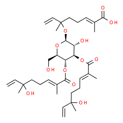 ChemSpider 2D Image | (2E)-6-({3,4-Bis-O-[(2E)-6-hydroxy-2,6-dimethyl-2,7-octadienoyl]-beta-D-glucopyranosyl}oxy)-2,6-dimethyl-2,7-octadienoic acid | C36H54O12