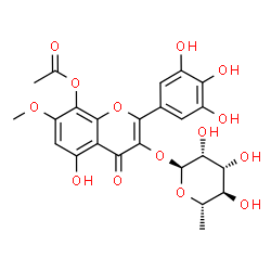 ChemSpider 2D Image | 3-[(6-Deoxy-alpha-L-mannopyranosyl)oxy]-5-hydroxy-7-methoxy-4-oxo-2-(3,4,5-trihydroxyphenyl)-4H-chromen-8-yl acetate | C24H24O14