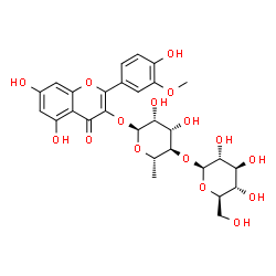 ChemSpider 2D Image | 5,7-Dihydroxy-2-(4-hydroxy-3-methoxyphenyl)-4-oxo-4H-chromen-3-yl 6-deoxy-4-O-beta-D-glucopyranosyl-alpha-L-mannopyranoside | C28H32O16