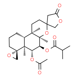 ChemSpider 2D Image | (4a'R,5'S,6'R,6a'S,7'R,10a'R,10b'R)-6'-Acetoxy-4a',6a',10b'-trimethyl-5-oxododecahydro-2'H-dispiro[furan-3,3'-benzo[f]chromene-7',2''-oxiran]-5'-yl 2-methylpropanoate | C26H38O8