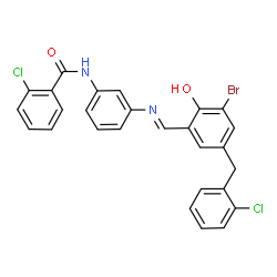 ChemSpider 2D Image | N-(3-{(E)-[3-Bromo-5-(2-chlorobenzyl)-2-hydroxybenzylidene]amino}phenyl)-2-chlorobenzamide | C27H19BrCl2N2O2