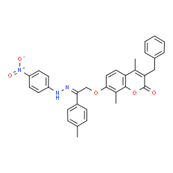 ChemSpider 2D Image | 3-Benzyl-4,8-dimethyl-7-({(2E)-2-(4-methylphenyl)-2-[(4-nitrophenyl)hydrazono]ethyl}oxy)-2H-chromen-2-one | C33H29N3O5