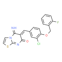 ChemSpider 2D Image | (6Z)-6-{3-Chloro-4-[(2-fluorobenzyl)oxy]benzylidene}-5-imino-5,6-dihydro-7H-[1,3]thiazolo[3,2-a]pyrimidin-7-one | C20H13ClFN3O2S