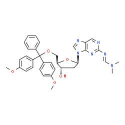ChemSpider 2D Image | 9-{5-O-[Bis(4-methoxyphenyl)(phenyl)methyl]-2-deoxy-beta-D-erythro-pentofuranosyl}-2-{(E)-[(dimethylamino)methylene]amino}-9H-purine | C34H36N6O5