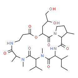 ChemSpider 2D Image | 3-sec-Butyl-16-(2,3-dihydroxypropyl)-6-isopropyl-5,8,9,21-tetramethyldodecahydropyrrolo[1,2-d][1,4,7,10,13,16]oxapentaazacyclononadecine-1,4,7,10,14,17(11H,16H)-hexone | C30H51N5O9