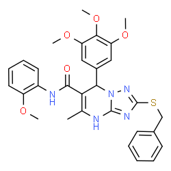 ChemSpider 2D Image | 2-(Benzylsulfanyl)-N-(2-methoxyphenyl)-5-methyl-7-(3,4,5-trimethoxyphenyl)-1,7-dihydro[1,2,4]triazolo[1,5-a]pyrimidine-6-carboxamide | C30H31N5O5S
